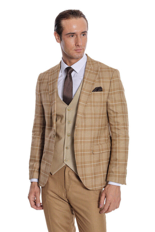 Men's Wheat Beige Windowpane Check 3-Piece Slim Fit Combination Suit