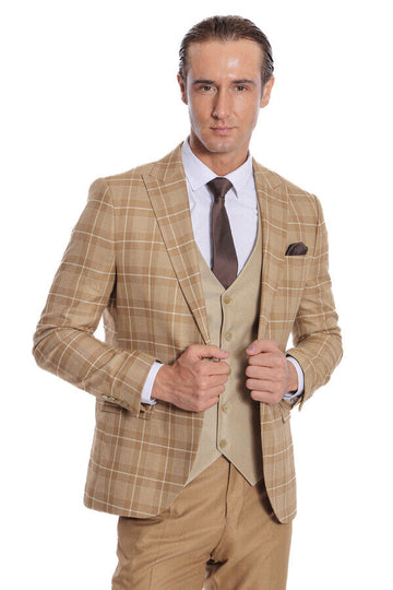 Men's Wheat Beige Windowpane Check 3-Piece Slim Fit Combination Suit