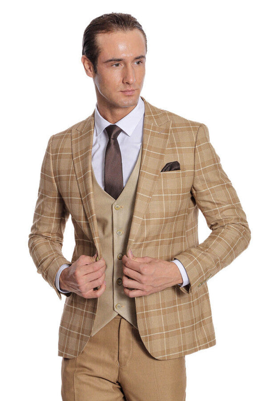 Men's Wheat Beige Windowpane Check 3-Piece Slim Fit Combination Suit