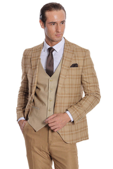 Men's Wheat Beige Windowpane Check 3-Piece Slim Fit Combination Suit