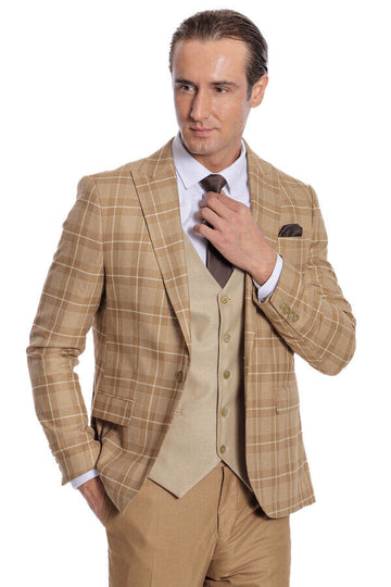 Men's Wheat Beige Windowpane Check 3-Piece Slim Fit Combination Suit