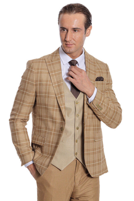 Men's Wheat Beige Windowpane Check 3-Piece Slim Fit Combination Suit
