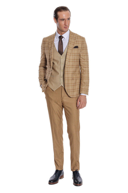 Men's Wheat Beige Windowpane Check 3-Piece Slim Fit Combination Suit