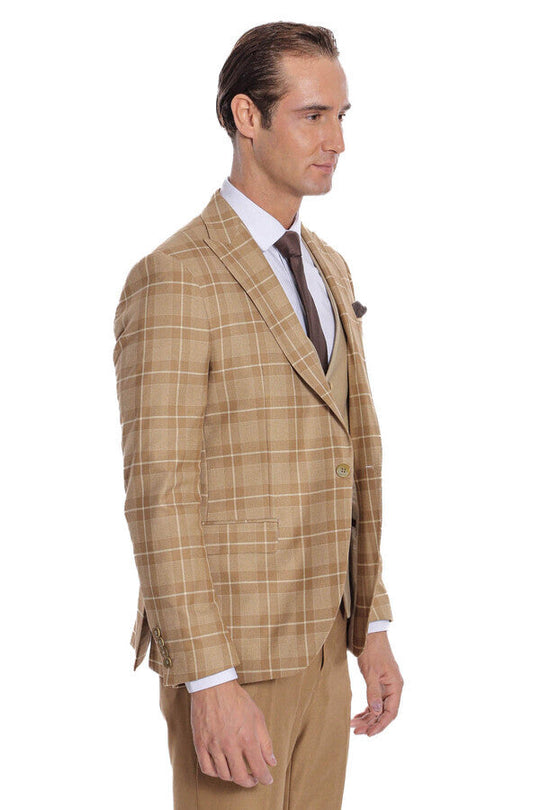 Men's Wheat Beige Windowpane Check 3-Piece Slim Fit Combination Suit