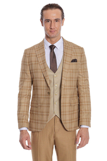 Men's Wheat Beige Windowpane Check 3-Piece Slim Fit Combination Suit