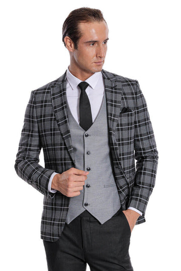 Men's Black Bold Multi-Check 3-Piece Slim Fit Combination Suit