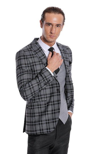 Men's Black Bold Multi-Check 3-Piece Slim Fit Combination Suit