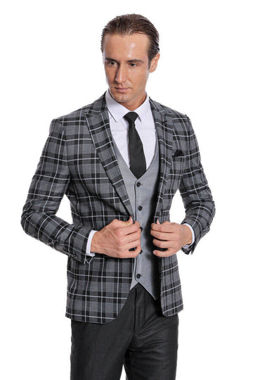 Men's Black Bold Multi-Check 3-Piece Slim Fit Combination Suit