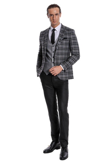 Men's Black Bold Multi-Check 3-Piece Slim Fit Combination Suit