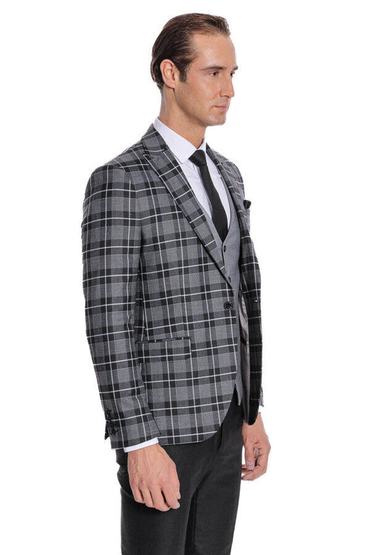 Men's Black Bold Multi-Check 3-Piece Slim Fit Combination Suit