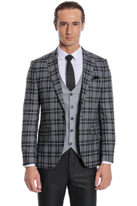 Men's Black Bold Multi-Check 3-Piece Slim Fit Combination Suit