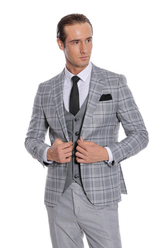 Men's Silver Grey Windowpane Check 3-Piece Slim Fit Combination Suit