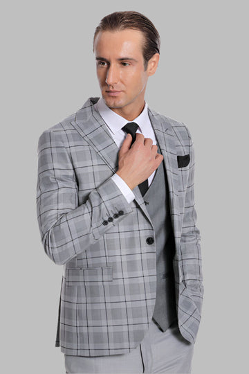 Men's Silver Grey Windowpane Check 3-Piece Slim Fit Combination Suit