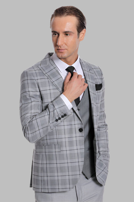 Men's Silver Grey Windowpane Check 3-Piece Slim Fit Combination Suit