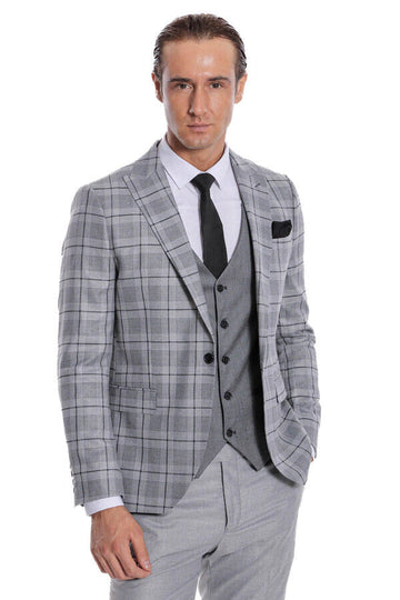 Men's Silver Grey Windowpane Check 3-Piece Slim Fit Combination Suit