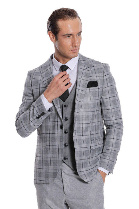 Men's Silver Grey Windowpane Check 3-Piece Slim Fit Combination Suit