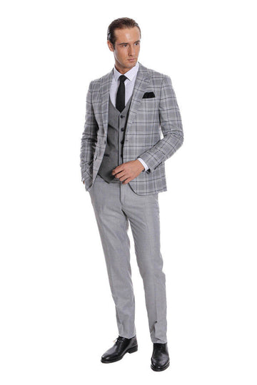 Men's Silver Grey Windowpane Check 3-Piece Slim Fit Combination Suit