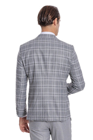 Men's Silver Grey Windowpane Check 3-Piece Slim Fit Combination Suit
