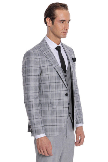 Men's Silver Grey Windowpane Check 3-Piece Slim Fit Combination Suit