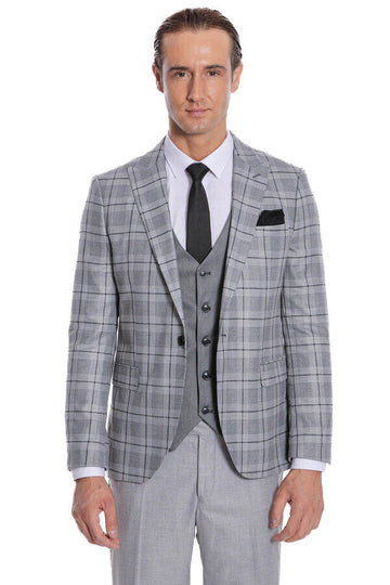 Men's Silver Grey Windowpane Check 3-Piece Slim Fit Combination Suit