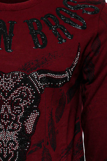 Burgundy Slim Fit Crew Neck Patterned Sweatshirt | Wessi