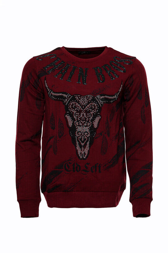 Burgundy Slim Fit Crew Neck Patterned Sweatshirt | Wessi