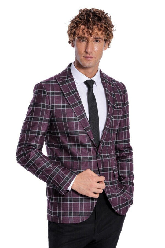 Men’s Deep Purple Windowpane Check Slim Fit Peak Lapel Sport Blazer