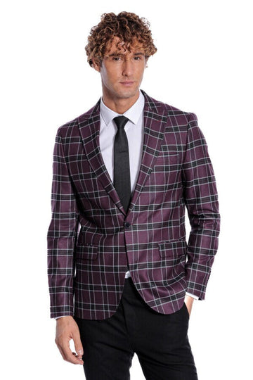 Men’s Deep Purple Windowpane Check Slim Fit Peak Lapel Sport Blazer