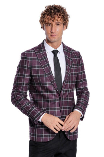Men’s Deep Purple Windowpane Check Slim Fit Peak Lapel Sport Blazer