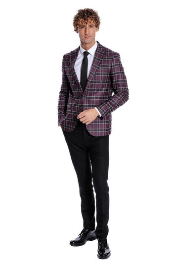 Men’s Deep Purple Windowpane Check Slim Fit Peak Lapel Sport Blazer