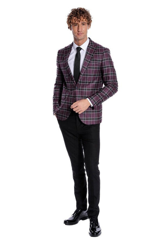 Men’s Deep Purple Windowpane Check Slim Fit Peak Lapel Sport Blazer