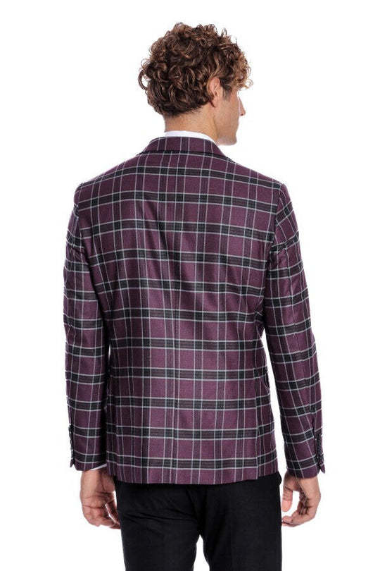 Men’s Deep Purple Windowpane Check Slim Fit Peak Lapel Sport Blazer
