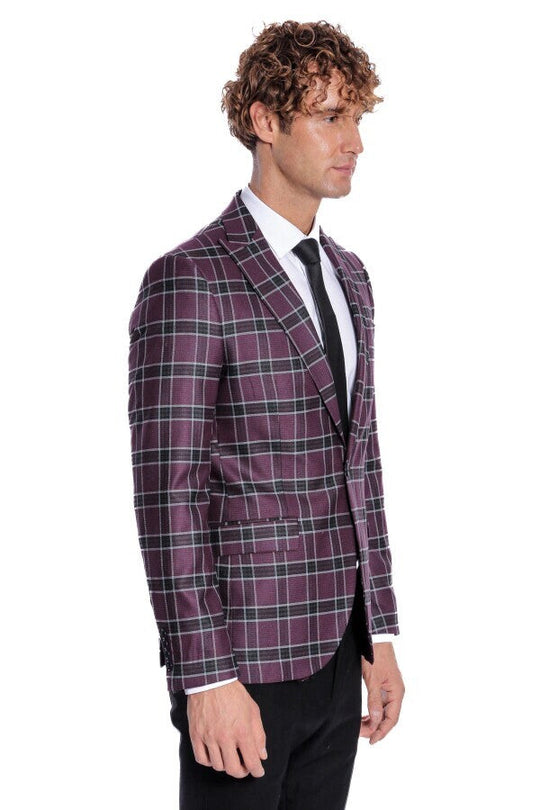 Men’s Deep Purple Windowpane Check Slim Fit Peak Lapel Sport Blazer