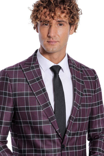 Men’s Deep Purple Windowpane Check Slim Fit Peak Lapel Sport Blazer