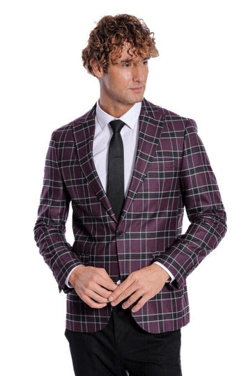 Men’s Deep Purple Windowpane Check Slim Fit Peak Lapel Sport Blazer