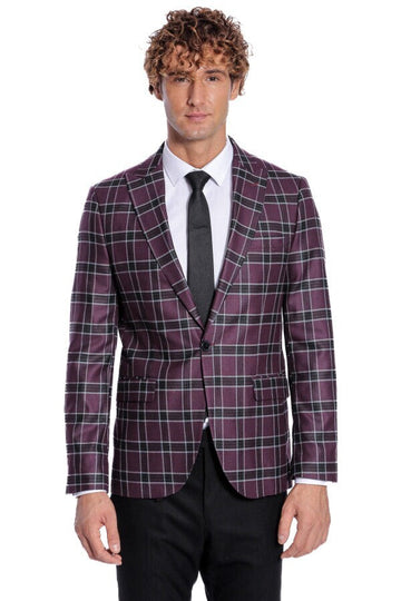 Men’s Deep Purple Windowpane Check Slim Fit Peak Lapel Sport Blazer