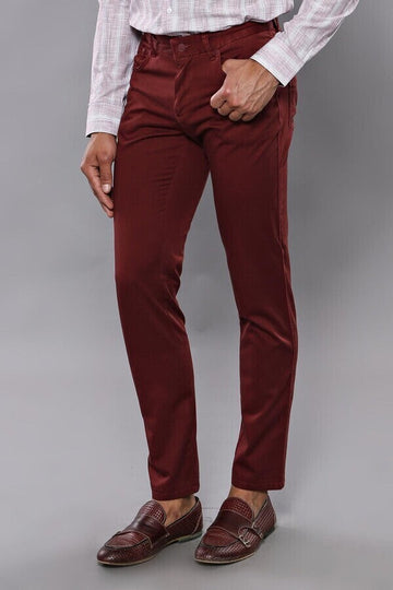 Burgundy Slim Fit Plain Five-Pocket Trousers – Wessi