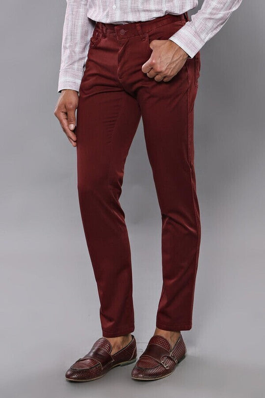 Burgundy Slim Fit Plain Five-Pocket Trousers – Wessi