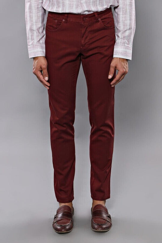 Burgundy Slim Fit Plain Five-Pocket Trousers – Wessi