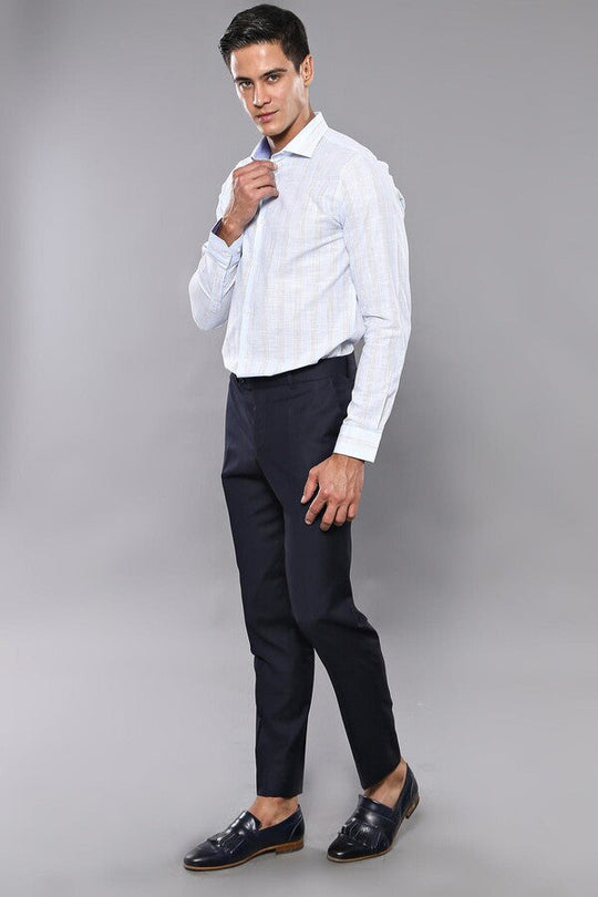 Navy Blue Slim Fit Plain Dress Trousers – Wessi