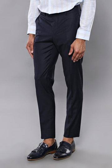 Navy Blue Slim Fit Plain Dress Trousers – Wessi