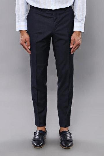 Navy Blue Slim Fit Plain Dress Trousers – Wessi