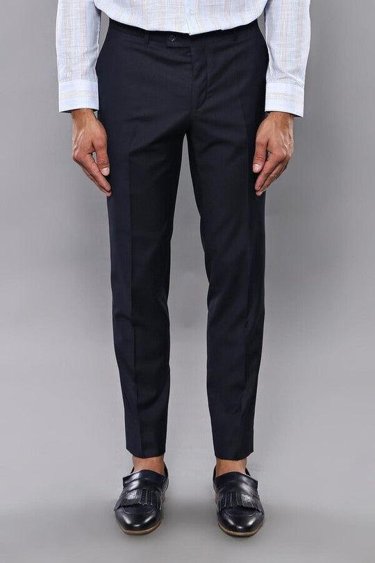 Navy Blue Slim Fit Plain Dress Trousers – Wessi