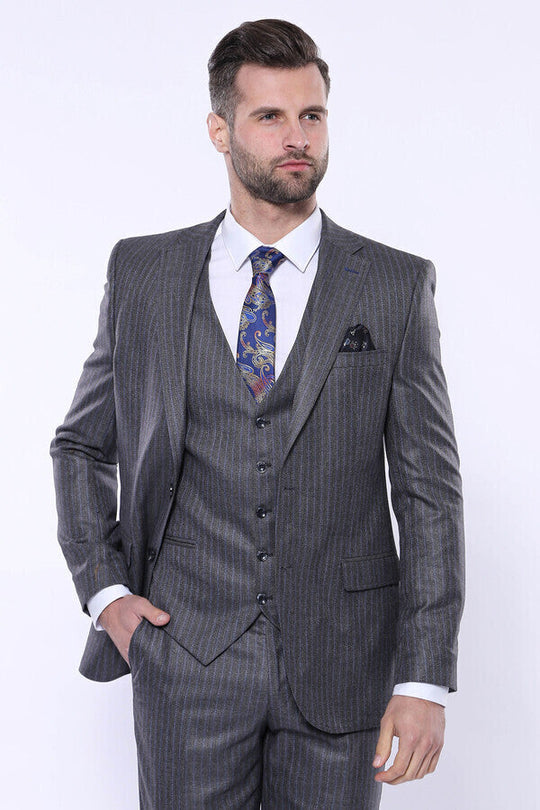 Men's Iron Grey Pinstripe 3-Piece Slim Fit Suit