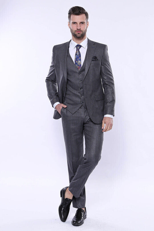 Men's Iron Grey Pinstripe 3-Piece Slim Fit Suit
