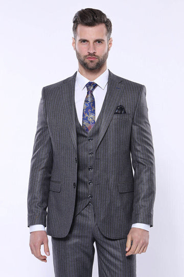 Men's Iron Grey Pinstripe 3-Piece Slim Fit Suit