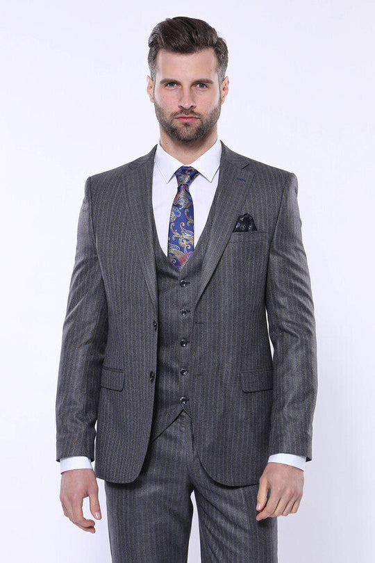 Men's Iron Grey Pinstripe 3-Piece Slim Fit Suit