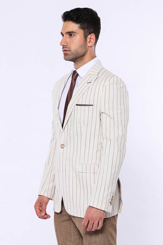 Men’s Beige Brown Striped Slim Fit Peak Lapel Sport Blazer