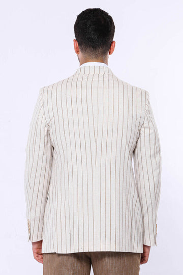 Men’s Beige Brown Striped Slim Fit Peak Lapel Sport Blazer
