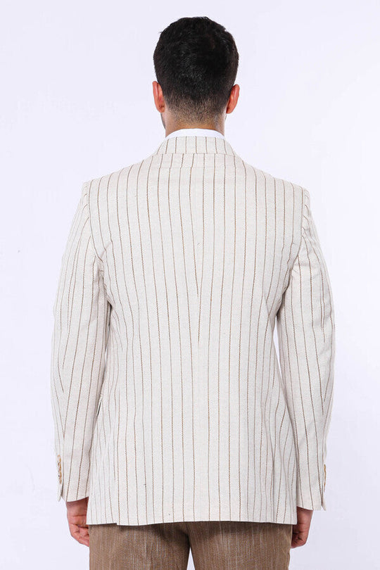 Men’s Beige Brown Striped Slim Fit Peak Lapel Sport Blazer